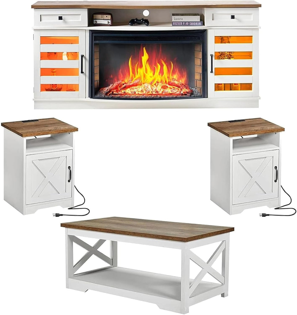 AMERLIFE Farmhouse Living Room Table Set of 4, Include 70" Fireplace TV ...