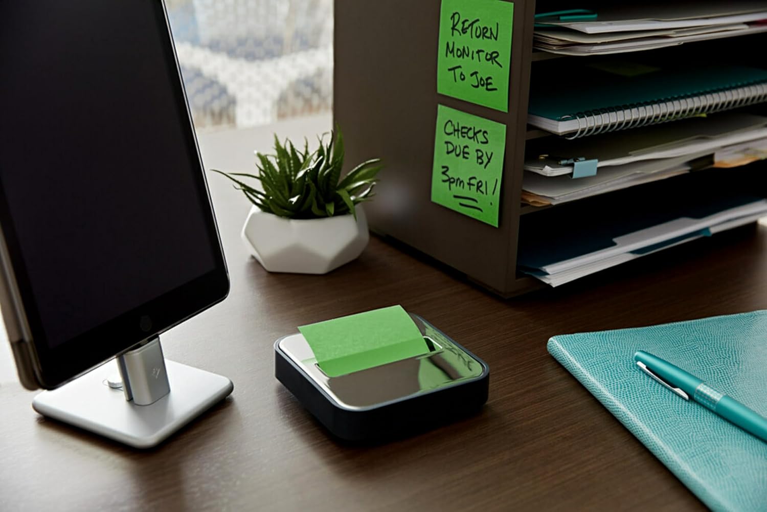 Post-it Note Dispenser with Post-it Pop-up Notes, Black Base with Steel Top, 1 Aqua Splash 3 in. x 3 in. Super Sticky Note Pad, Classroom or Office Supplies