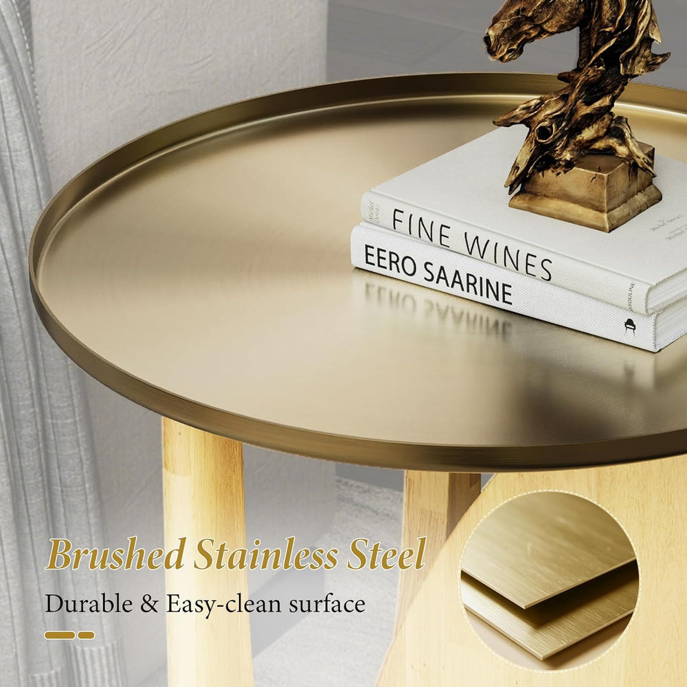 AUZ Round End Table with Brushed Gold Top, Small Wood Side Table for Living R...