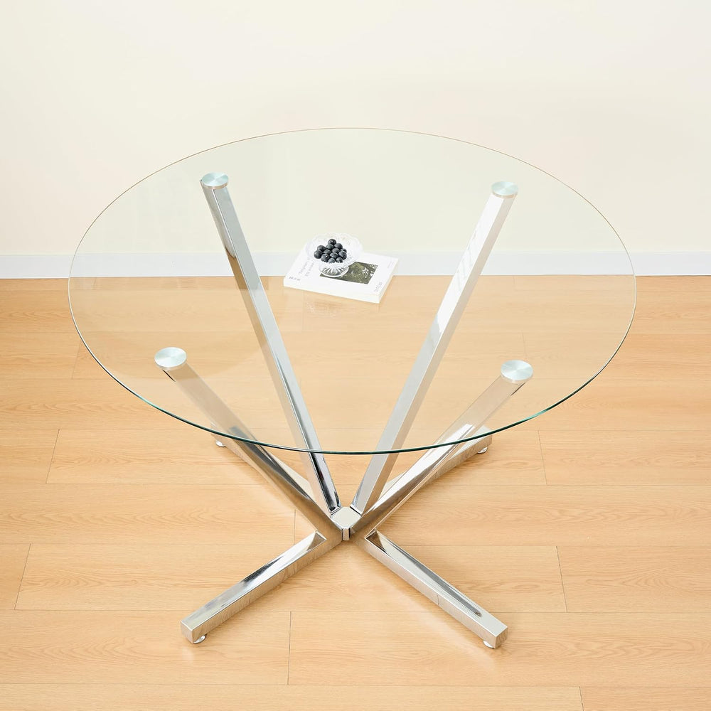 SSLine 45.2" Round Glass Dining Table for 4 Modern Circle Glass Tabletop...