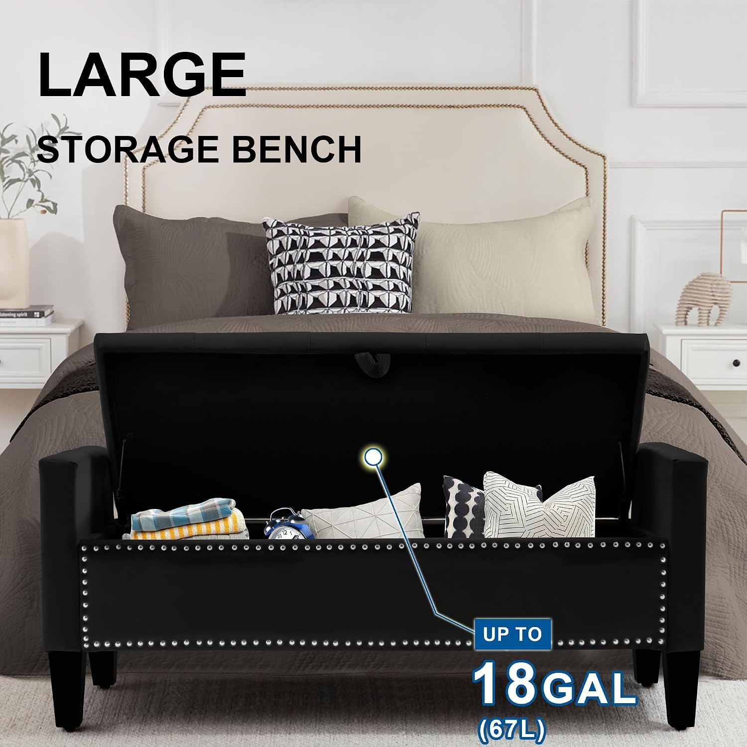 Storage Ottoman Bench, Velvet Upholstered Footstool for Bedroom and Living Room, Tufted Seat with Storage, Wooden Legs & Metal Rivets, Black