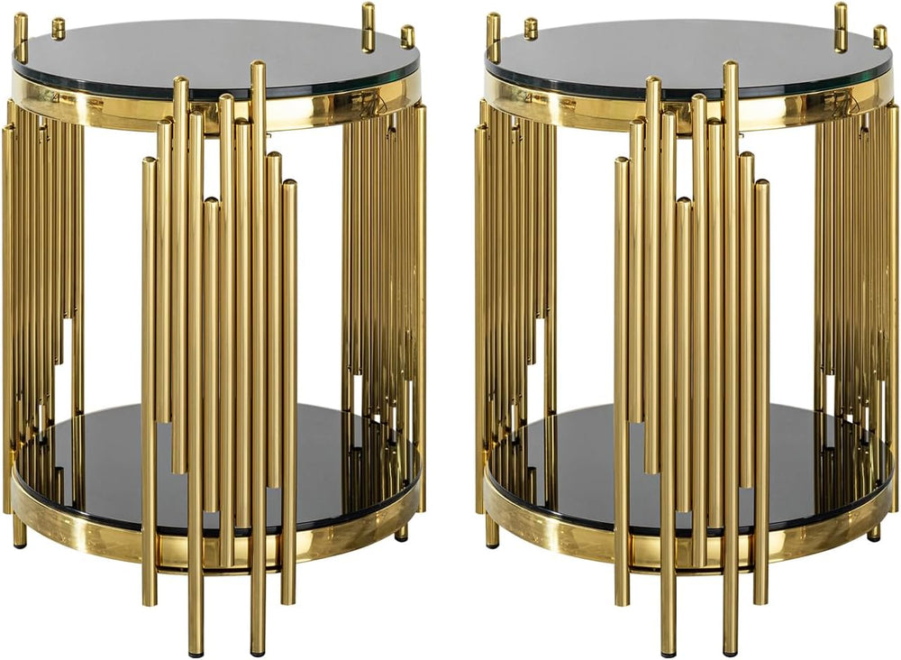 Set of 2 Modern Luxury 2-Tier Round End Tables, Black Tempered Glass Tops, Go...