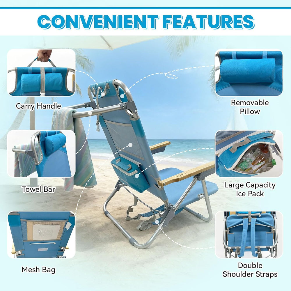 2 Pack Low Backpack Beach Chair with Folding Bamboo Table for Adults, 5-Posit...