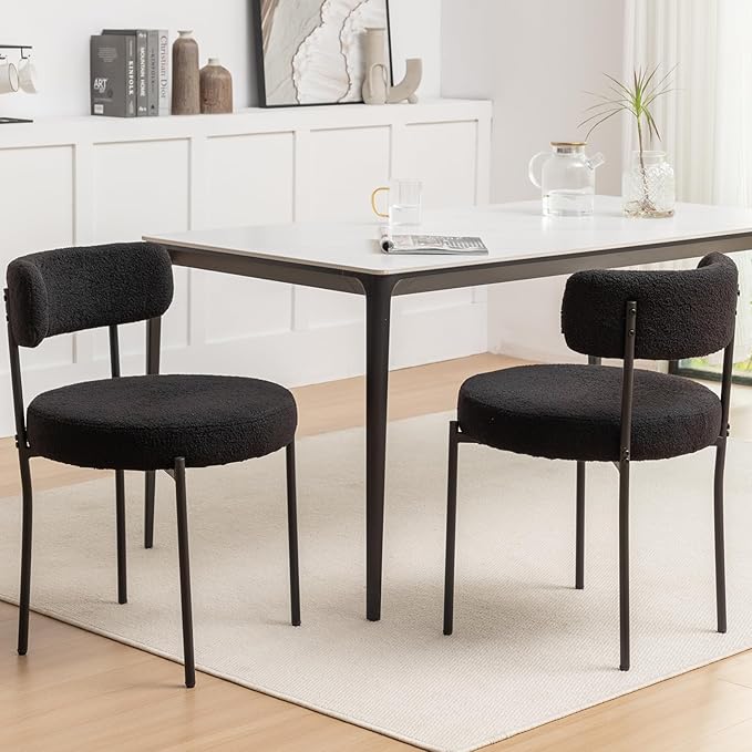 Boucle Dining Chairs Set of 2, Mid Century Modern Dining Room Chairs with Metal Legs, Upholstered Kitchen Chairs for Dining Room, Kitchen (Black)