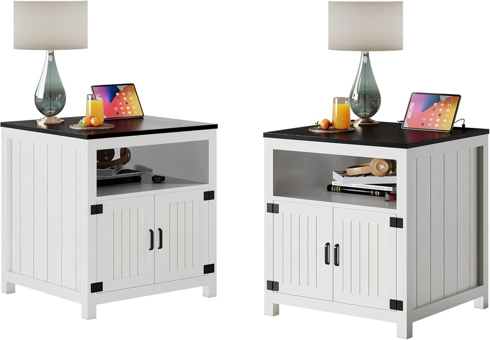 24" Farmhouse End Table Set of 2 with Charging Station, Large Square Sid...