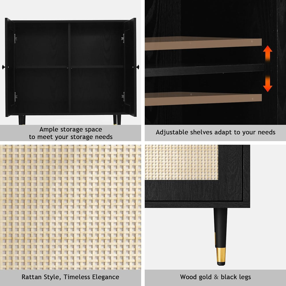 4ever2buy Rattan Buffet Cabinet with Storage, Black Sideboard Cabinet with Ra...