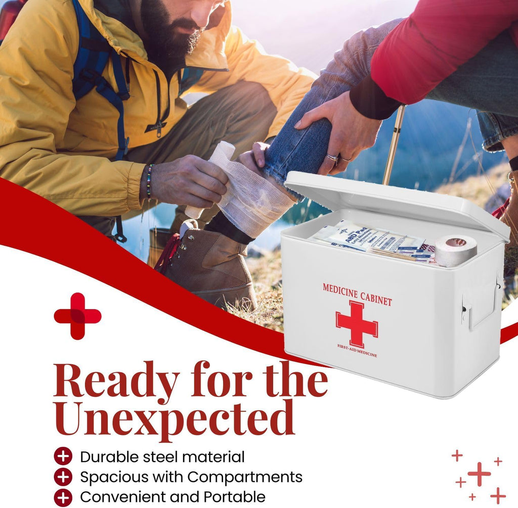 Flexzion First Aid Box Organizer Empty 13" White Vintage First Aid Kit Tin Metal Medical Box - First Aid Storage Box Container Bins with Dividers, Removable Tray and Red Cross Logo