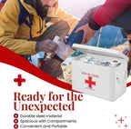 Flexzion First Aid Box Organizer Empty 13" White Vintage First Aid Kit Tin Metal Medical Box - First Aid Storage Box Container Bins with Dividers, Removable Tray and Red Cross Logo
