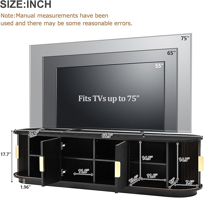 Farmhouse Wooden TV Stand with Sliding Tambour Door for TVs up to 75", Fluted Media Console with Adjustable Storage, Golden Handle TV Cabinet with Cable Holes for Living Room, Black
