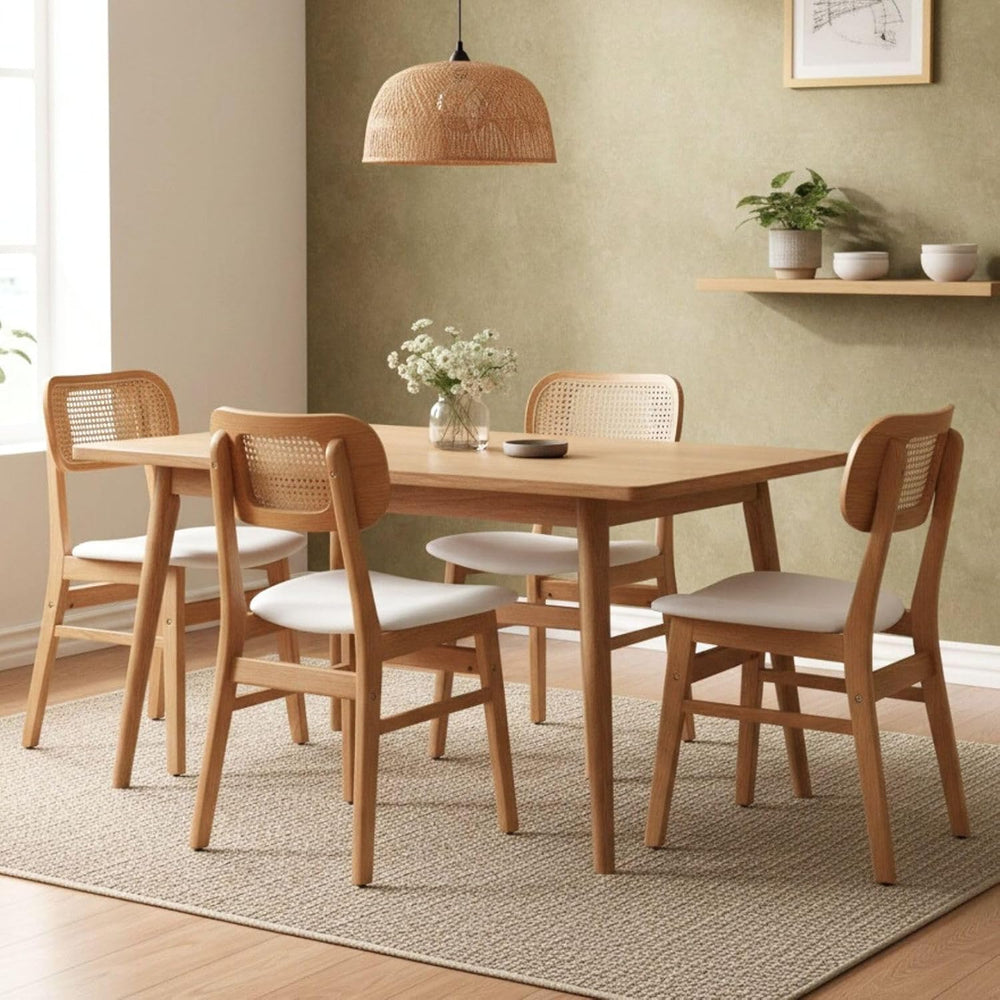 ROCITY Rattan Dining Chairs Set of 4 Beige Linen Fabric Dining Room Chairs Na...
