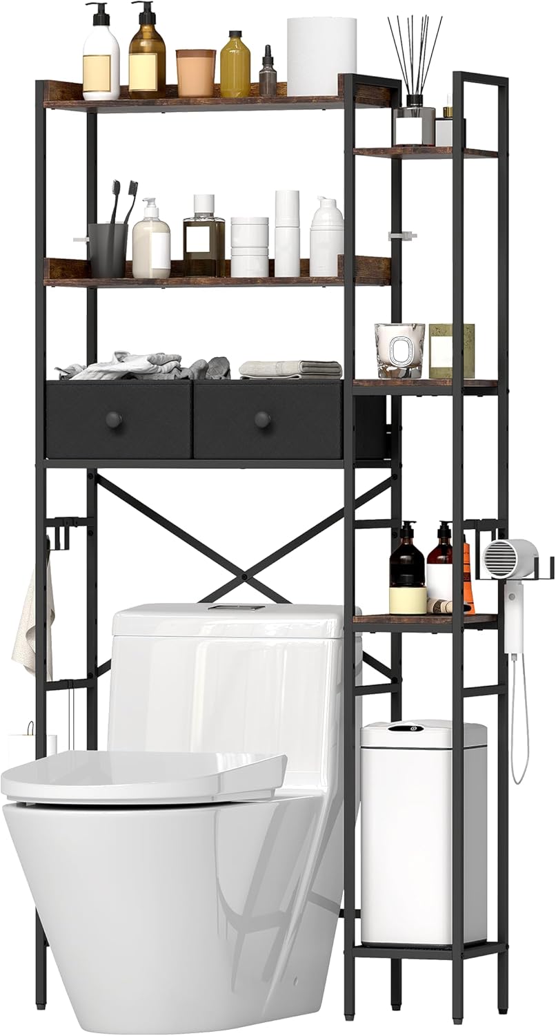 Over The Toilet Storage Rack, 7-Tier Over Toilet Bathroom Organizer with Adjustable Shelf, Above Toilet Storage Cabinet with Hooks, Space-Saving, Brown Shelf