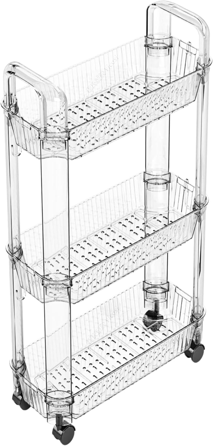 Yieach 3 Tier Rolling Cart with Wheels,Clear Narrow Bathroom Rack Organizer,Slim Storage Cart,Three Tier Thin Shelf and Narrow Rolling Utility Cart for Small Space Shelf,Dorm Room,Kitchen,Laundry