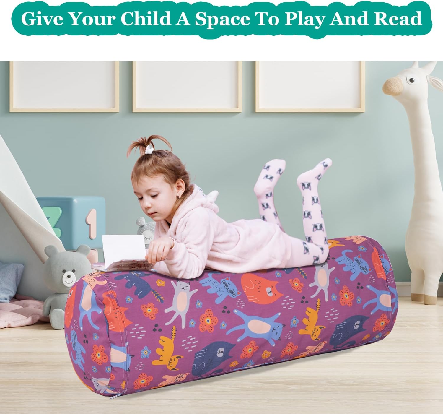 LOLOMLO Stuffed Animal Bean Bag Storage Chair for Kids Cover Only (No Filler), Organize, Sit, Play & Boxing, 100% Cotton Canvas Washable, Ultra Soft Cylinder Long Vertical Zipper Best Gift for Child