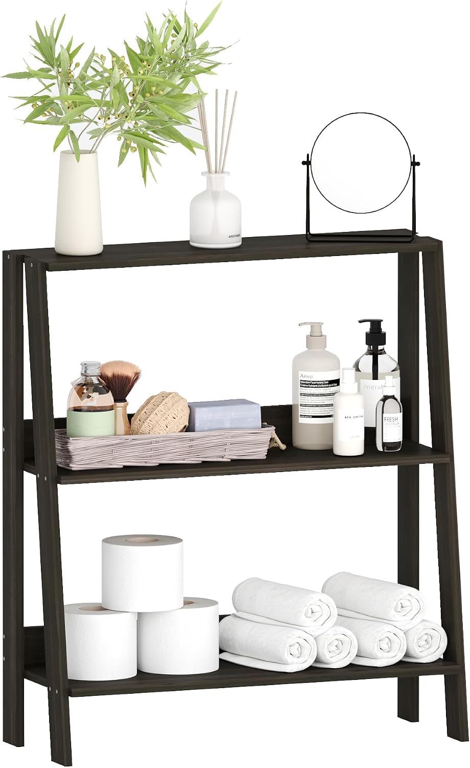 2 Tier Bathroom Ladder Shelf, Bathroom Ladder Shelves, Storage Organizer for Small Space, Freestanding Open Shelving Display Stand for Living Room Bedroom Kitchen, Black