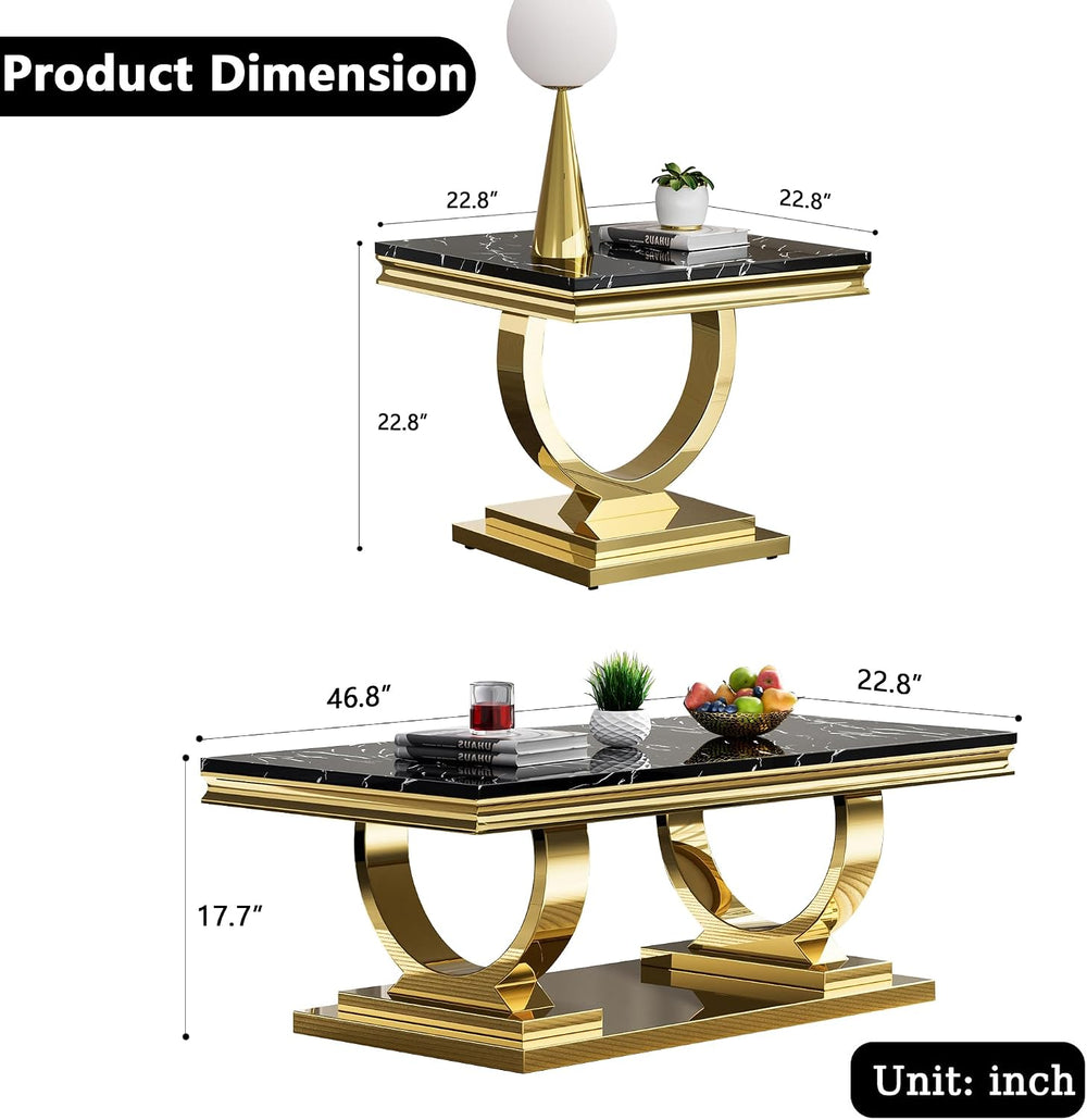 3 Piece Marble Living Room Table Set Modern Black Faux Marble Coffee Table an...