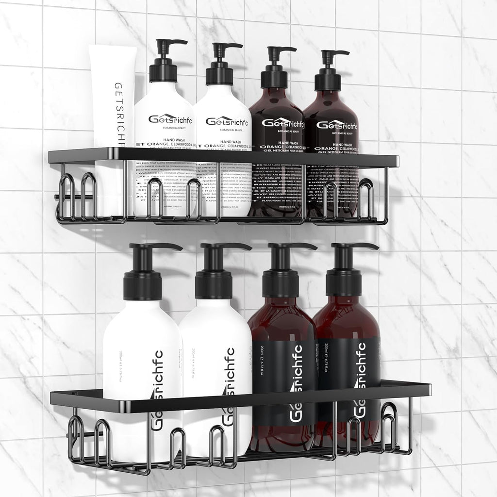Adhesive Shower Caddy, Shower Shelves with 16 Hooks, Rustproof Shelf Wall Corner Racks for Inside Bath, No Drilling & Sleek Bathroom Organizers and Storage Caddies Soap Holder, 2 Pack