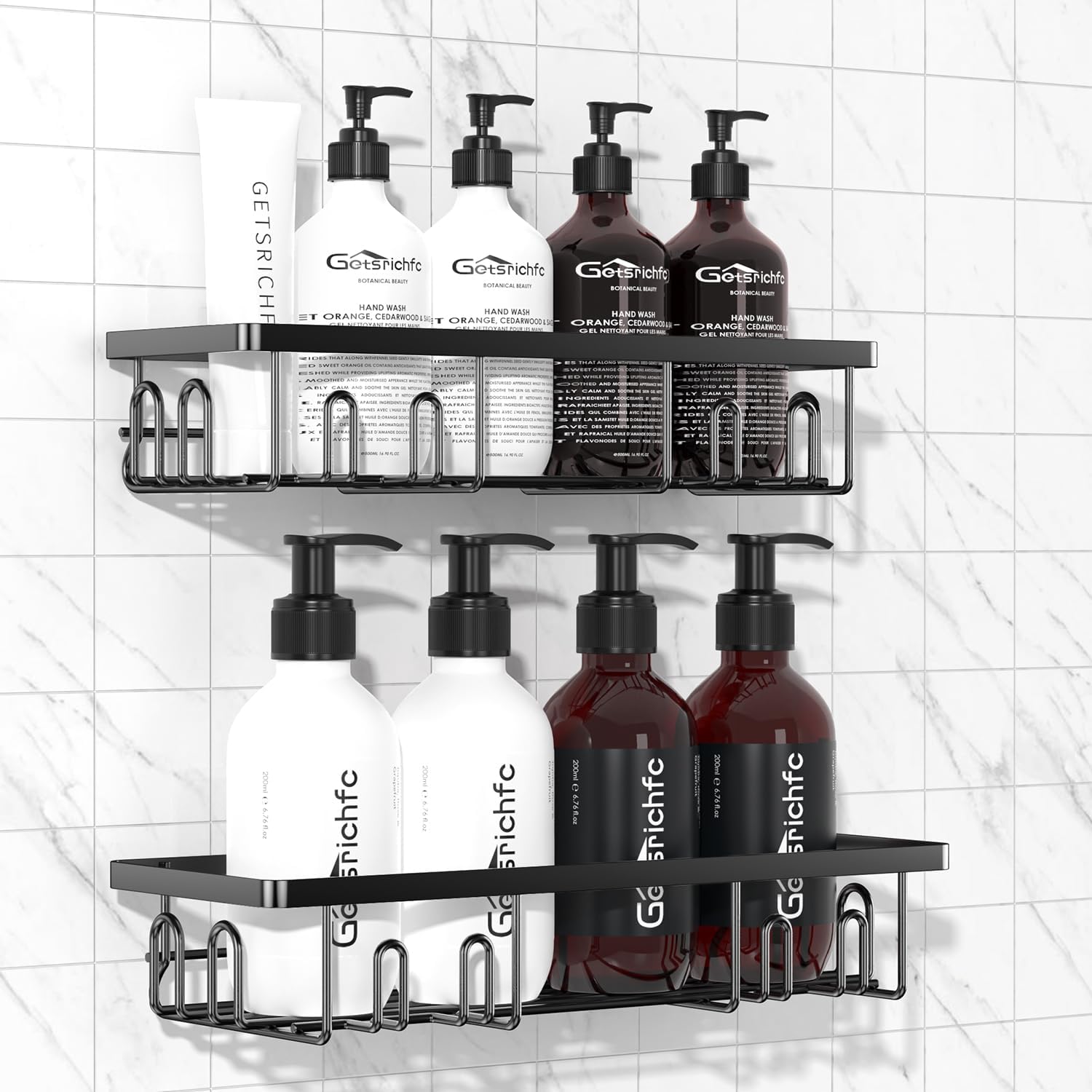 Adhesive Shower Caddy, Shower Shelves with 16 Hooks, Rustproof Shelf Wall Corner Racks for Inside Bath, No Drilling & Sleek Bathroom Organizers and Storage Caddies Soap Holder, 2 Pack