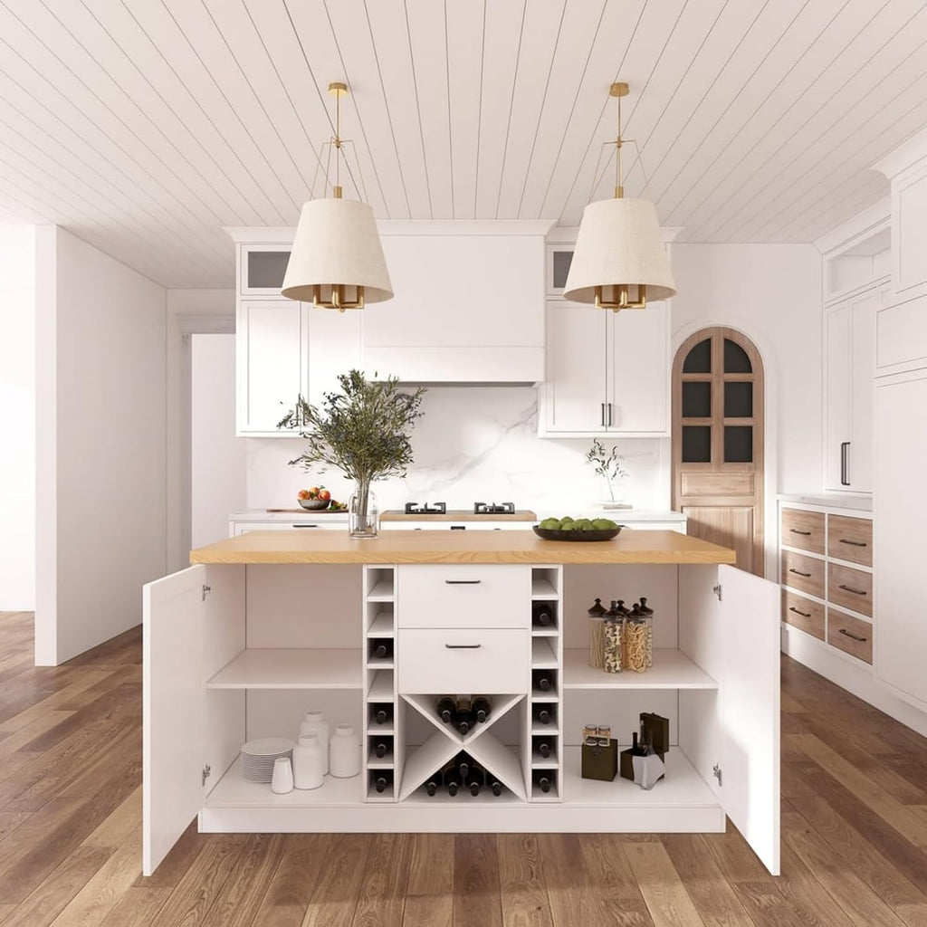 homary 59" Modern Kitchen Island with Storage & Wine Rack, Natural & White Kitchen Table with 2 Drawers, 2 Doors & Adjustable Shelves for Kitchen, Dining Room Prep Station & Organizer