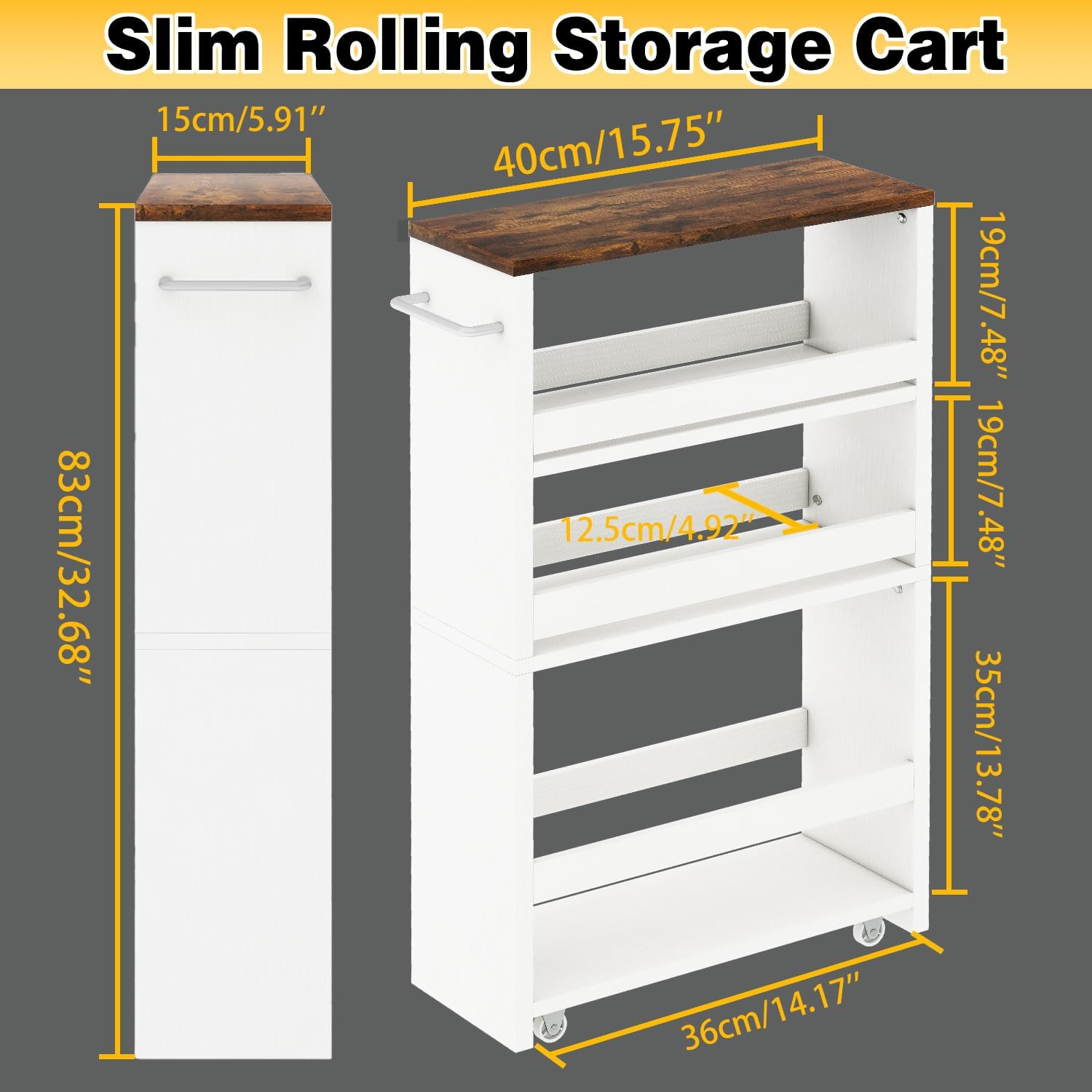 IBUYKE Slim Storage Cart 5.9" W, Rolling Organizer Trolley for Small Spaces, 4-Tier Laundry Cart with Handle, Slide Out Utility Cart for Kitchen, Living Room, Laundry,Narrow Places,White WST005W