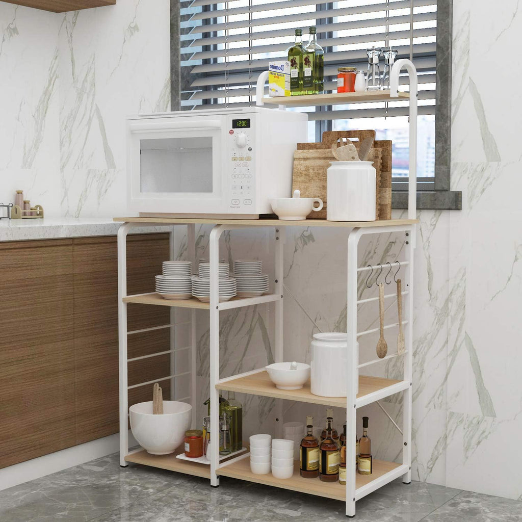 soges Microwave Cart Coffee Station, Kitchen Bakers Rack, Utility Microwave Oven Stand Storage Cart, Workstation Shelf, White Oak 172-MO