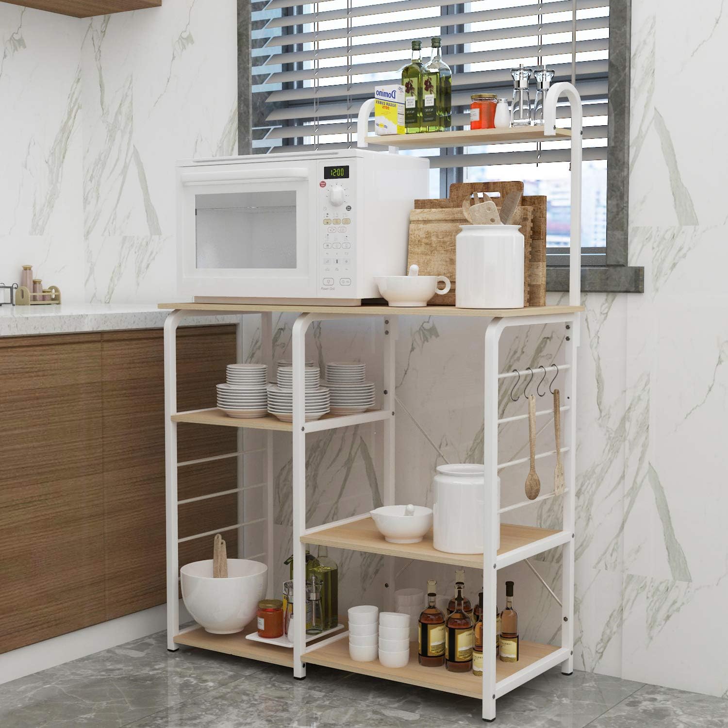 soges Microwave Cart Coffee Station, Kitchen Bakers Rack, Utility Microwave Oven Stand Storage Cart, Workstation Shelf, White Oak 172-MO