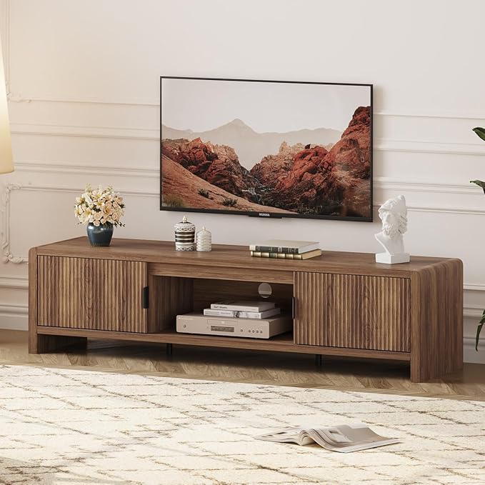 FATORRI TV Stand for 75/65/55 Inch TVs, Farmhouse Entertainment Center with Storage, Wood Waveform Fluted-Door Television Media Console for Living Room,Bedroom (63" W, Walnut)