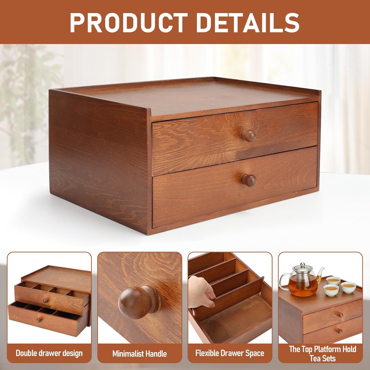 Acacia Wood Tea Bag Organizer, Tea Organizers and Storage Box, Double-Drawer Tea Box - Tea and Coffee Organizer,Multi-Functional Tea Station Chest,Wooden Tea Tray and Containers for Countertop Display