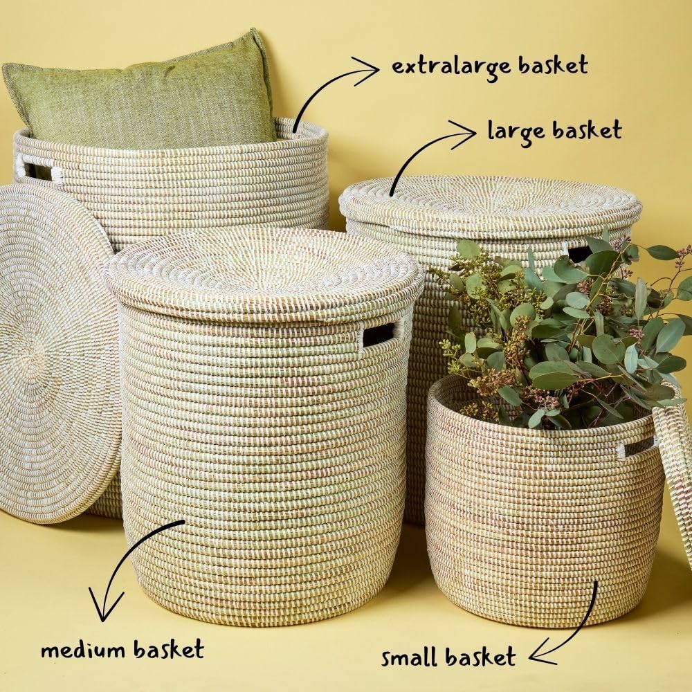Storage & Organization, Decorative Baskets for your Home, Laundry Hamper, Baby Nursery Toys Bin, Living Room Blankets Storage, Towels Holder, Wicker, Woven, Lid, Wide, White, Set, 4pcs