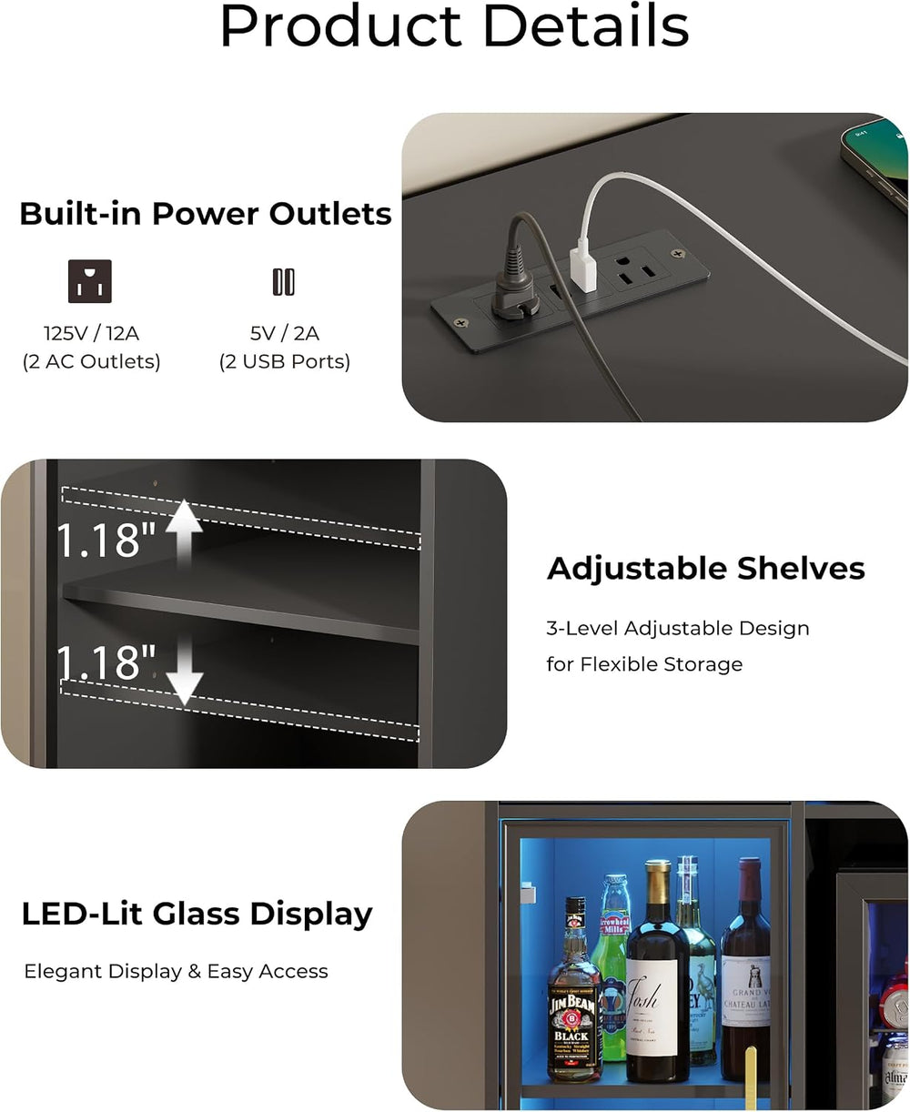 47" Large Coffee Bar Cabinet with Mini Fridge Space & LED Lights