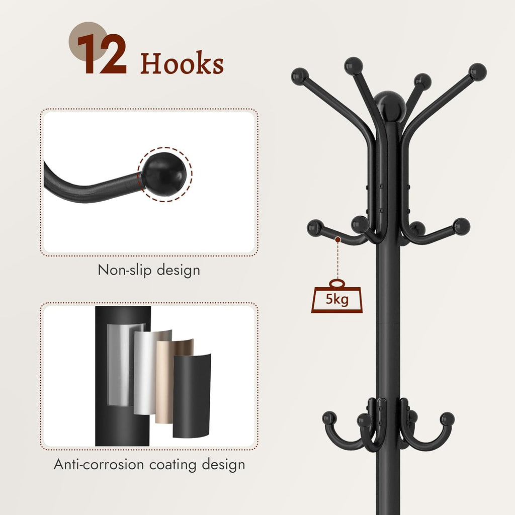 FAVOOSTY Coat Rack Freestanding,Coat Rack Stand with Umbrella Holder,Metal Coat Tree with 12 Hooks,Tree Clothes Hat for Entryway, Hallway, Bedroom, Living Room & Office -Black