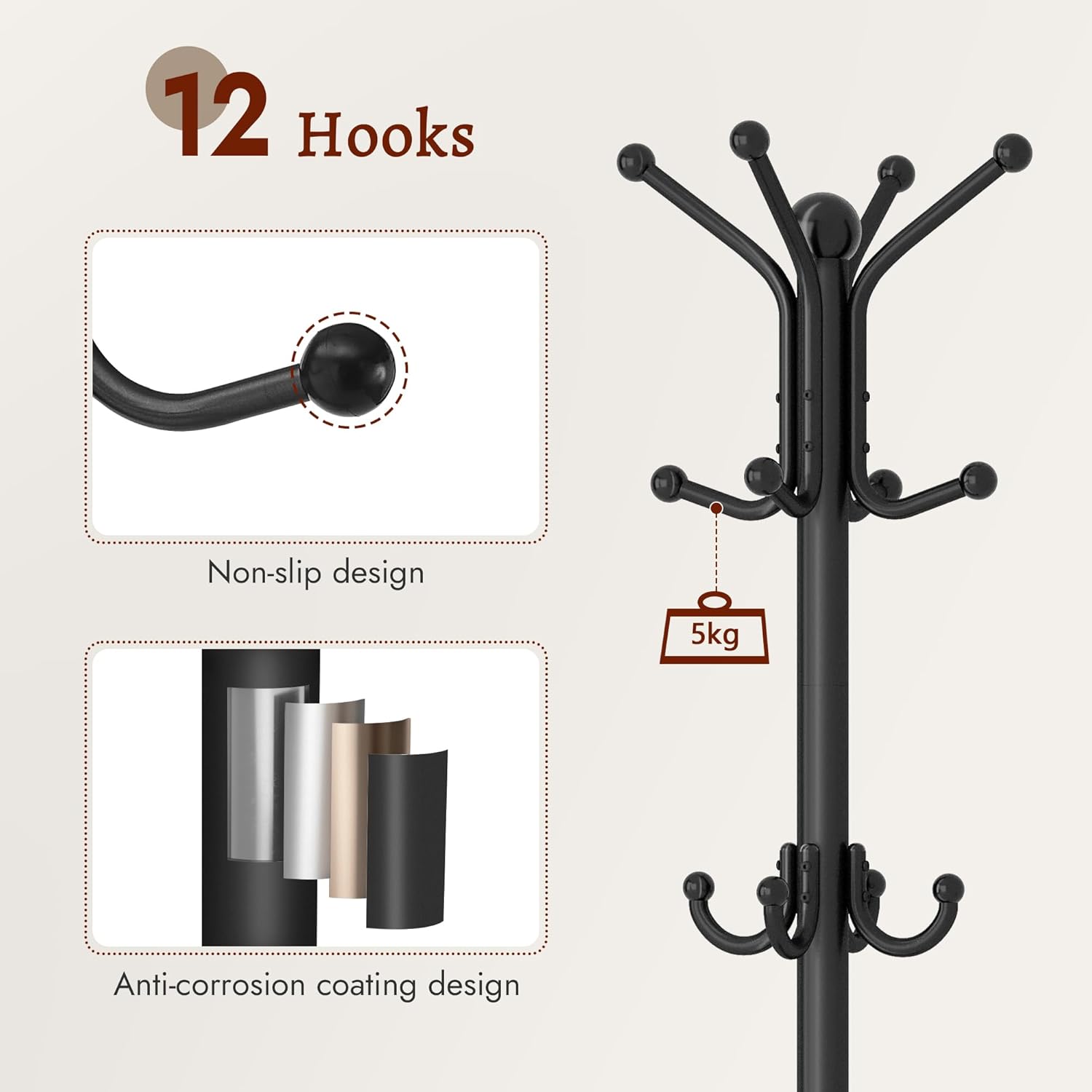 FAVOOSTY Coat Rack Freestanding,Coat Rack Stand with Umbrella Holder,Metal Coat Tree with 12 Hooks,Tree Clothes Hat for Entryway, Hallway, Bedroom, Living Room & Office -Black