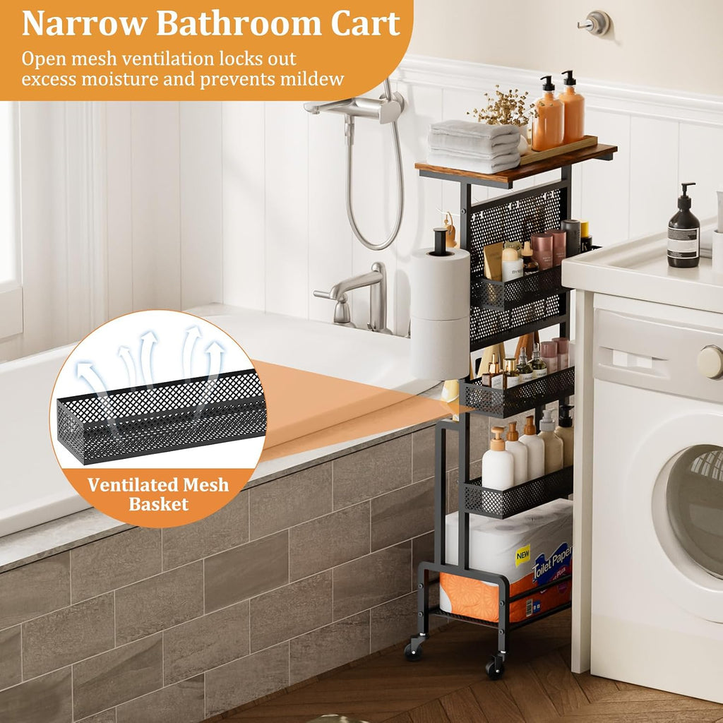 Slim Storage Cart, Narrow Rolling Cart with Wooden Top, Kitchen Cart on Wheels with Paper Towel Holder, Small Skinny Utility Cart for Laundry Room Bathroom, Thin Standing Spice Rack Snack Cart
