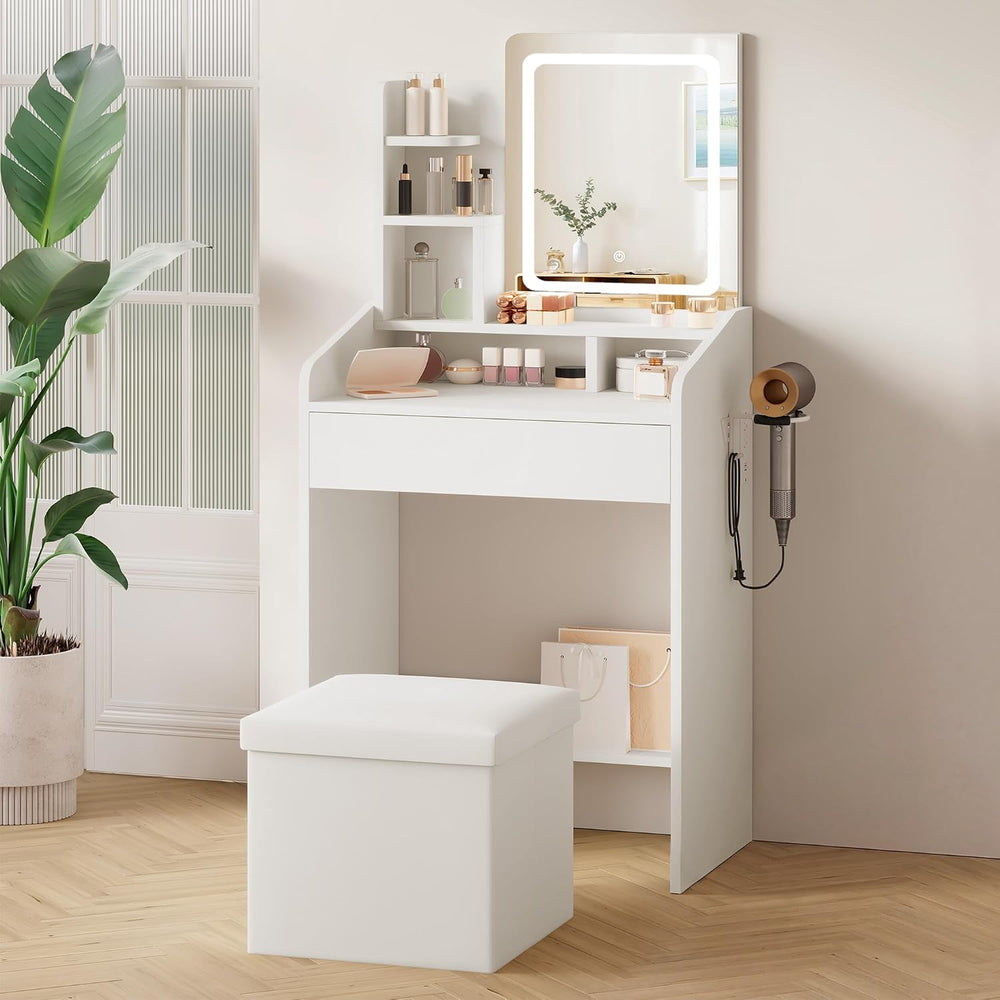 LIVELYGLOW 24" White Small Vanity Set with Lighted Mirror & Storage ...