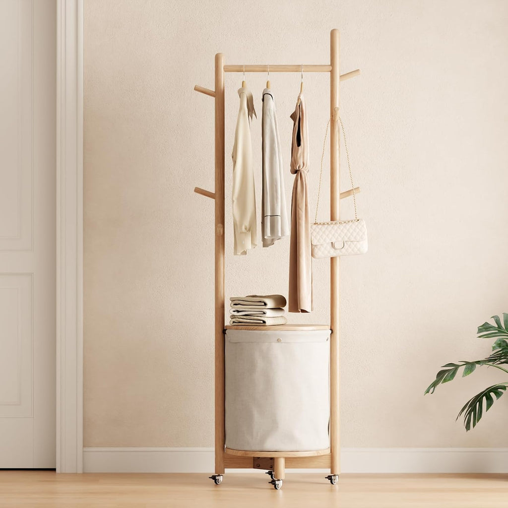 CycleCrew Solid Wood Coat Rack with Fabric Basket - Freestanding Coat Rack Rolling Coat Tree with 9 Hooks Wheels, Small Clothes Rack For Entryway Bedroom Hallway Living Room