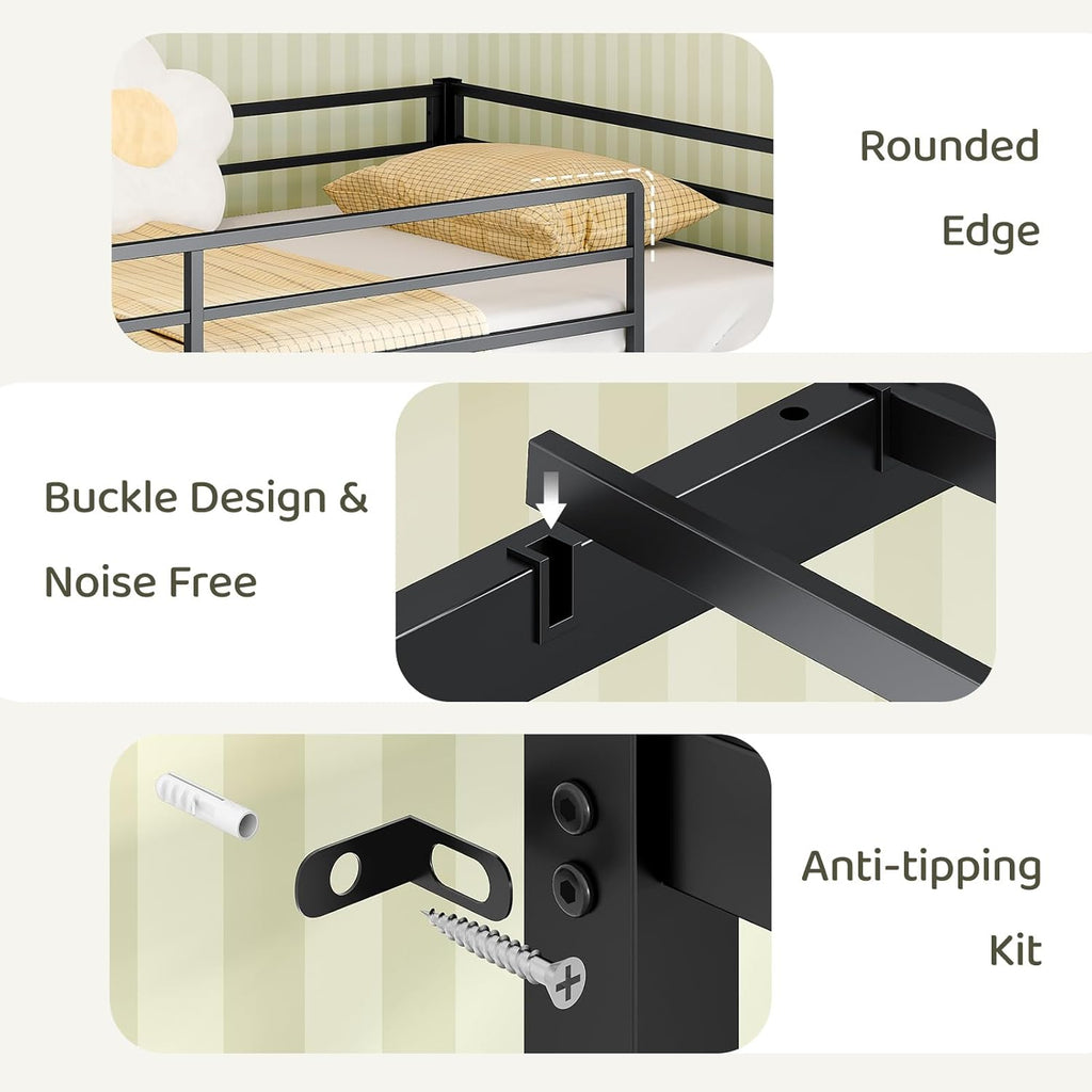 Bonnlo Bunk Bed Twin Over Twin with 3 Storage Drawers, 3 Tier Book Shelf, Bunk Bed with LED Lights, Charging Station, Inclined Ladder, Suitable for Kids & Teens, Space Saving (Black)
