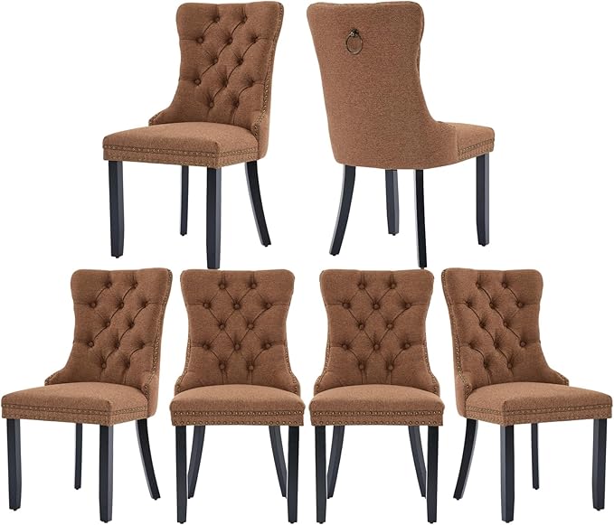 Brown Dining Chairs Set of 6, Upholstered Tufted Linen Fabric Dining Room Chairs with High Back, Nailhead Trim and Black Solid Wood Legs, Modern Dining Chair for Dining Room, Kitchen(Brown)