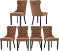 Brown Dining Chairs Set of 6, Upholstered Tufted Linen Fabric Dining Room Chairs with High Back, Nailhead Trim and Black Solid Wood Legs, Modern Dining Chair for Dining Room, Kitchen(Brown)