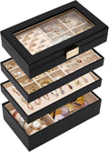Homde Jewelry Tray Stackable Jewelry Box Drawer Organizer with Glass Lid, Removable Dividers for Vanity Table - Christmas Gift Idea for Girls and Women (Black)