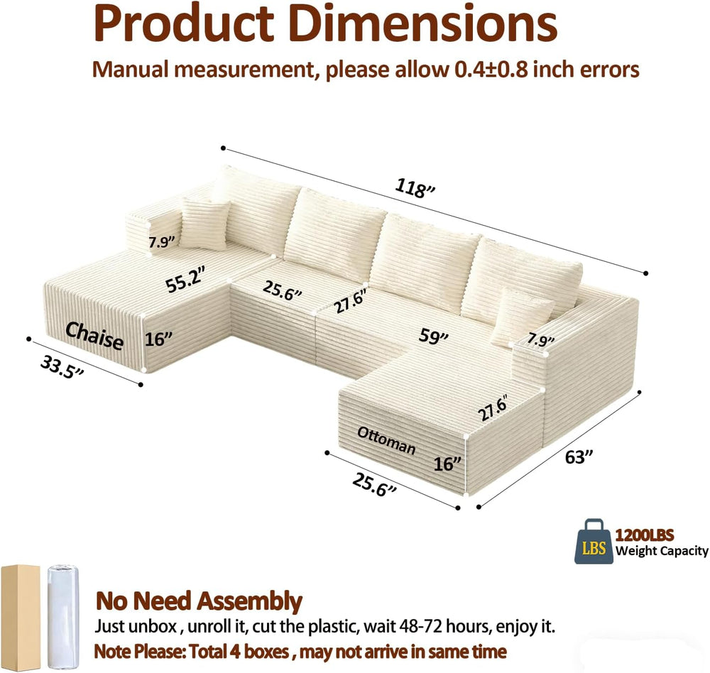 118" U-Shaped Modular Sectional Sofa Set,Soft Corduroy Cloud Couch with ...