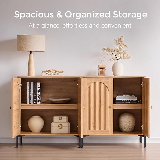 Modern TV Stands for 85 Inch TVs, 123.5‬"W Wood Entertainment Center w/Adjustable Shelves, Mid Century Modern TV Stand w/Arched Fluted Doors, Media Console Cabinet for Living Room, Natural