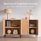 Modern TV Stands for 65 Inch TVs, 34" Tall Wood Entertainment Center w/Adjustable Shelves, Mid Century Modern TV Stand w/Arched Fluted Doors, Media Console Cabinet for Living Room, Natural