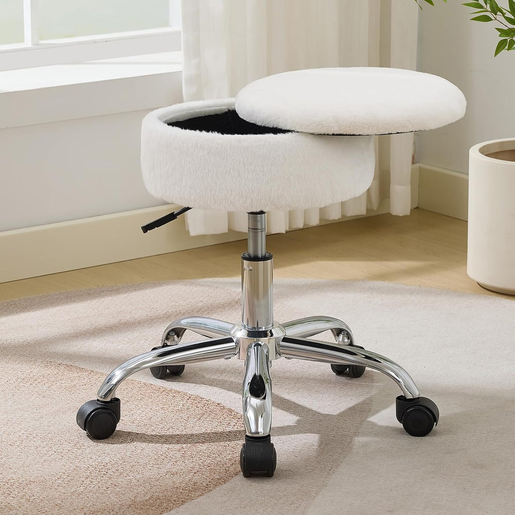 Gitrah Vanity Chair with Wheels Adjustable Vanity Stool with Storage Swivel Vanity Stool for Vanity Rolling Makeup Stool Chair Faux Fur Off White