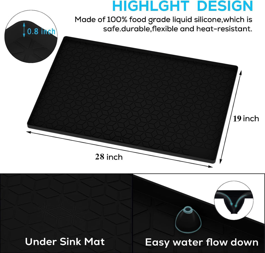 Under Sink Mat for Kitchen Silicone Waterproof Under Sink Liner, Flexible Sink Cabinet Organizer Tray with Drain Hole, Hold up to 3.3 Gallons Liquid, Easy to Clean (Black, 28X19)