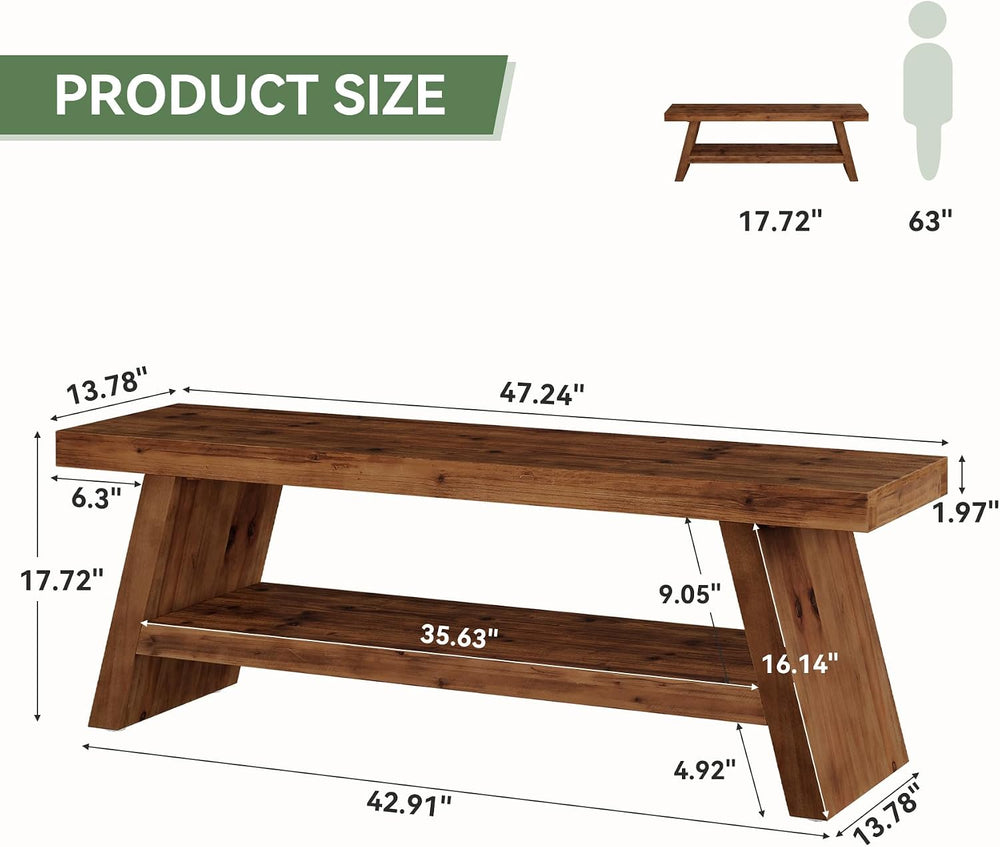 Solid Wood Entryway Bench, 2-Tier Wooden Storage Bench, Farmhouse Indoor Shoe...