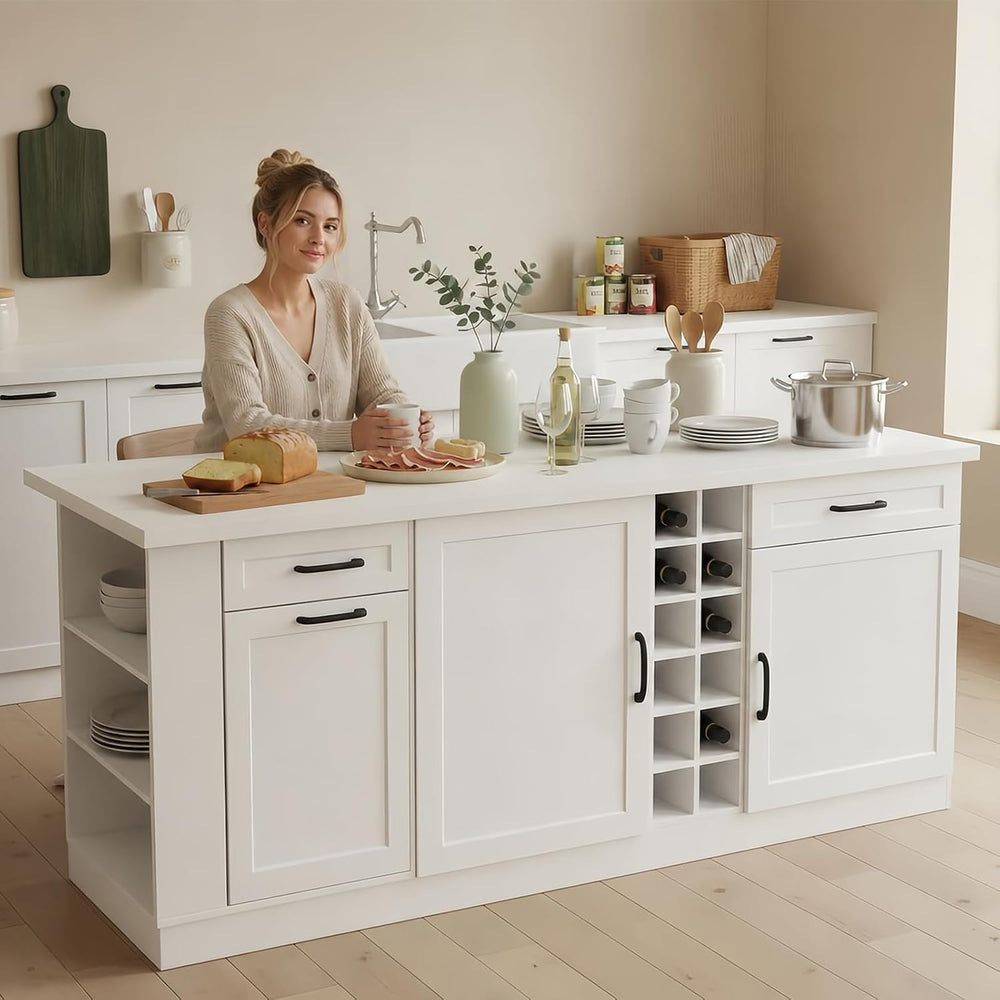 Large Kitchen Island,Wood Freestanding Islands with Storage Drawers, Trash Ca...