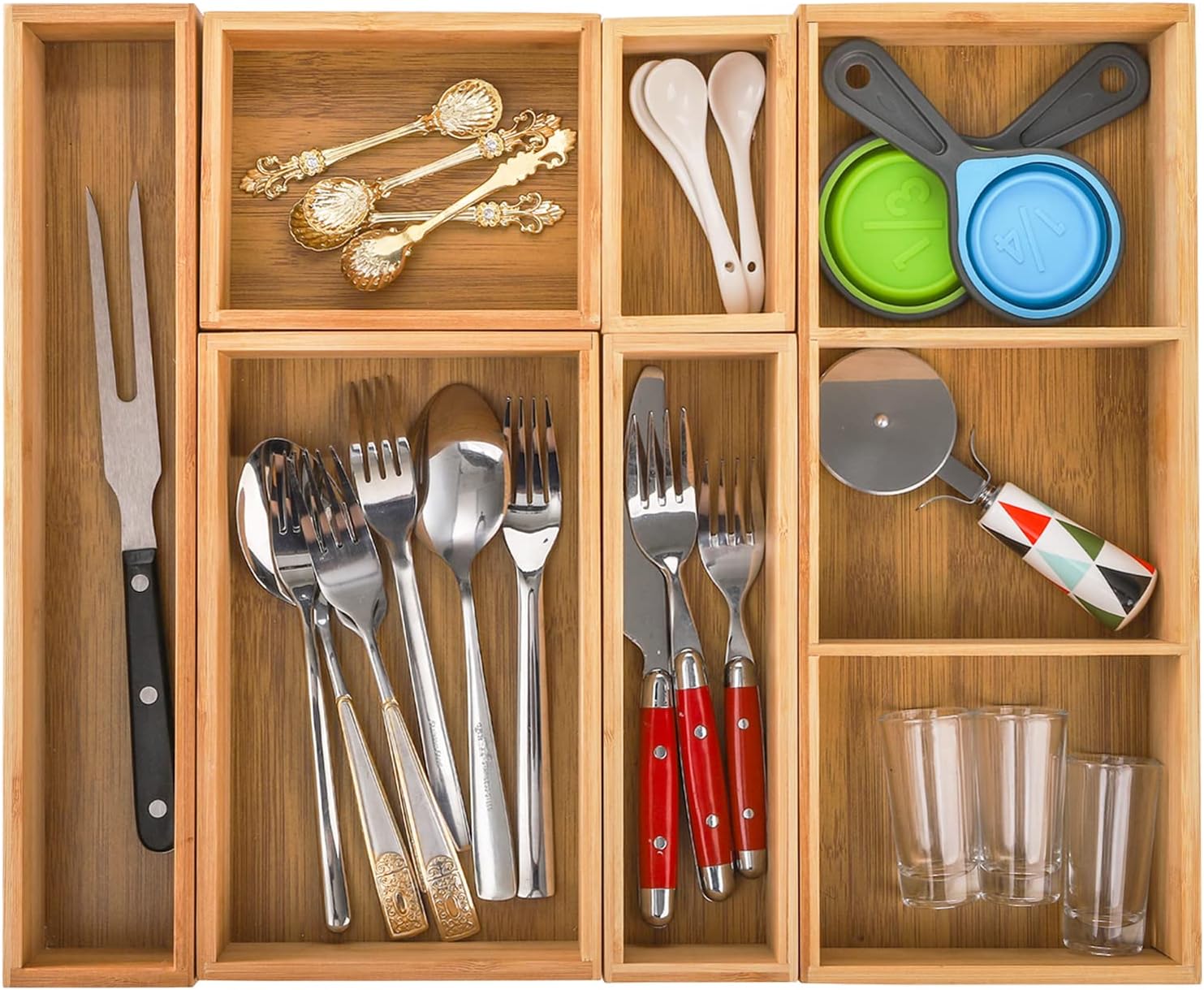 Youeon Set of 6 Bamboo Drawer Organizer Storage Box, Adjustable Cutlery Drawer Organizer, Silverware Organizer Multi-Use for Office, Home, Kitchen, Bedroom, Bathroom