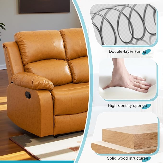 Recliner Sofa Set Couches for Living Room Chair Semi PU Fabric Living Room Furniture Sets, Adjusted Loveseat Reclining Couch Furniture Sofa Set for Theater Seating, 3-Seater, Ginger