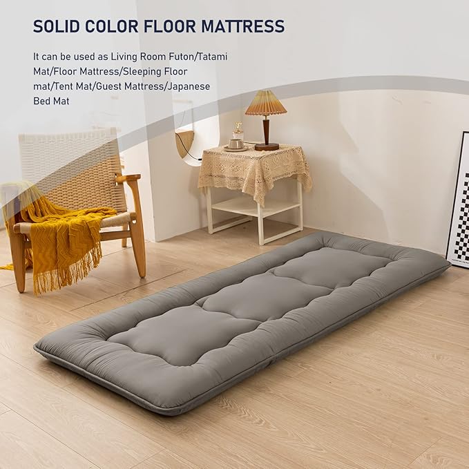 MAXYOYO Japanese Floor Mattress Futon Mattress, 4" Thicken Tatami Mat Sleeping Pad Foldable Roll Up Mat Boys Girls Dormitory Pad Kids Floor Lounger Pillow Bed, Charcoal Grey, Queen Size