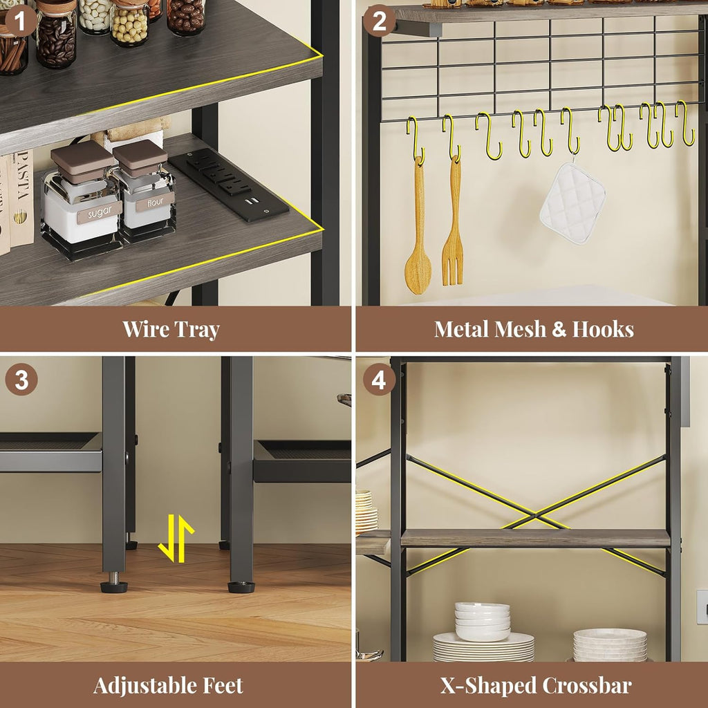 L-Shaped Bakers Rack with Power Outlet, 6-Tier Microwave Stand with Storage, Coffee Bar, Kitchen Shelf with Wire Basket, Hooks, Grey