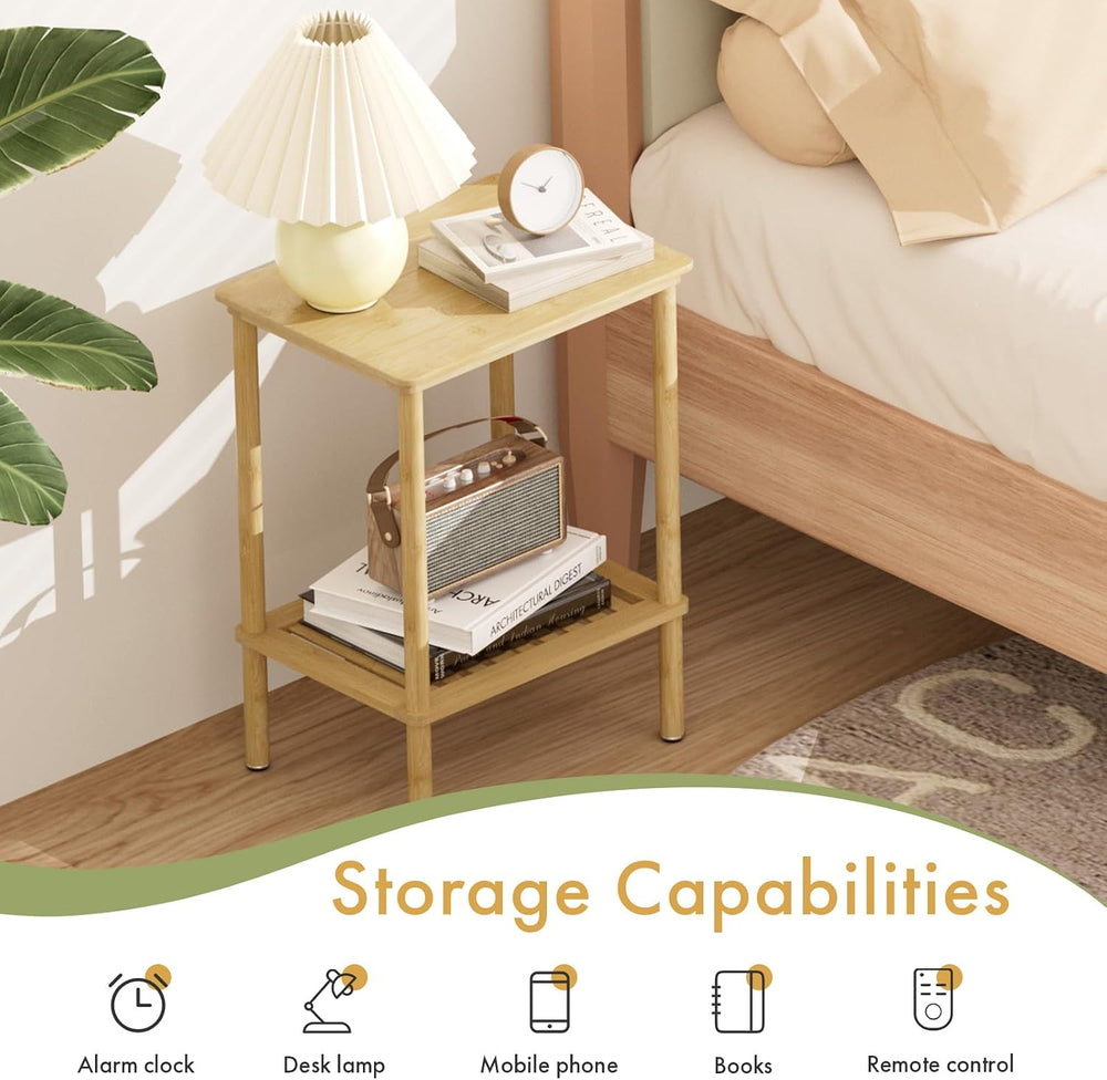 2 Tier Bamboo Narrow End Table, No Tool Assembly Bedroom Bedside Table, Small...